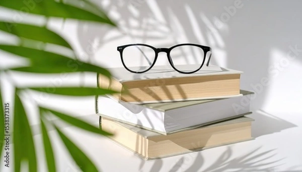 Obraz Modern glasses on stacked aesthetic books with palm leaf shadow, soft natural light minimal reading scene