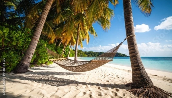Obraz Peaceful beach hammock swaying between palm trees in tropical breeze, serene coastal stillness scene