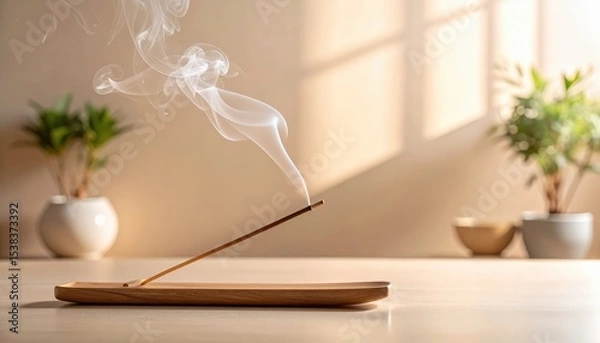 Obraz Minimal incense stick with curling smoke trails in abstract shapes on warm neutral background