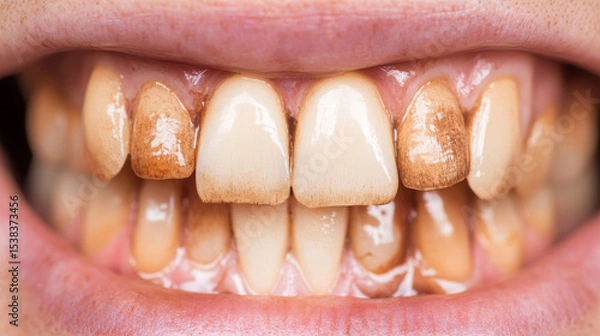 Fototapeta Close-up view of stained human teeth covered with brown plaque caused by long-term smoking, highlighting dental hygiene issues, nicotine damage, and oral health problems