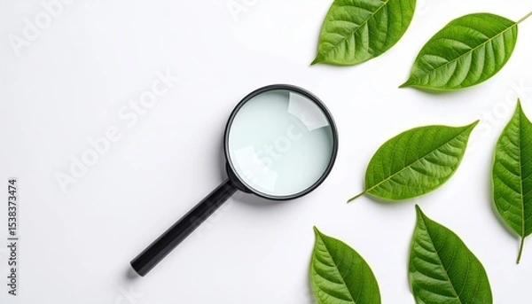 Obraz Magnifying glass over leaf veins on white paper, flatlay for natural science and environmental education