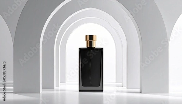Obraz Luxury black perfume bottle inside hollow white arch with spotlight, high contrast minimal minimalist scene