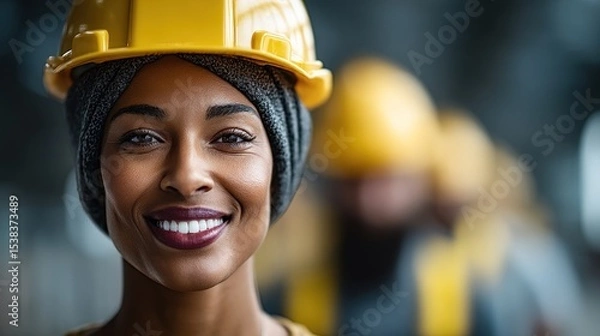 Obraz Confident woman stands in front of her teammates at a construction site, wearing a hard hat and smiling. atmosphere reflects teamwork and dedication to building projects