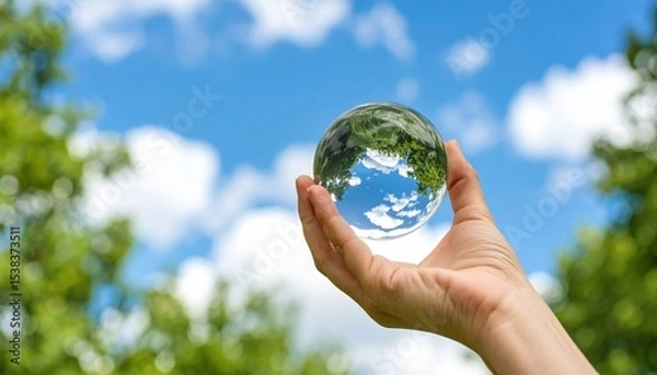 Obraz Hand holding clear sphere reflecting blue sky and clouds with blurred green background, dreamy outdoor concept