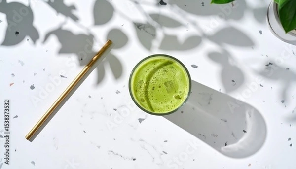 Obraz Glass of iced matcha latte with straw casting shadow on terrazzo surface, modern top view drink aesthetic