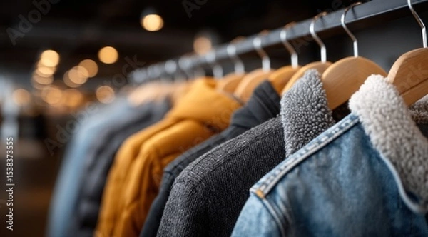 Obraz Hangers showcase a variety of outerwear, including a denim jacket and cozy sweaters, in a chic retail environment with soft lighting that creates a pleasant shopping atmosphere