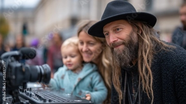 Obraz man with long hair and a hat shows a woman and a young child how to use filmmaking equipment in an outdoor setting. They appear engaged and curious during this educational moment