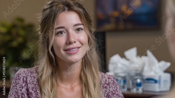 Obraz young woman with long hair is smiling while having a conversation in a cozy office environment. Tissues and drinks are visible on the table, creating a welcoming atmosphere