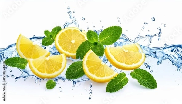 Obraz Floating lemon slices and mint leaves in motion splash above crystal clear water, refreshing citrus scene