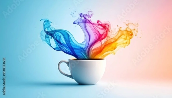 Obraz Vibrant colorful smoke rising from white cup on pastel background, abstract imagination and creativity concept