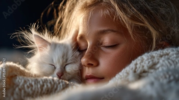 Obraz young girl enjoys a serene moment as she sleeps beside a fluffy white kitten. They are wrapped in a soft blanket, creating a warm atmosphere during a quiet evening at home