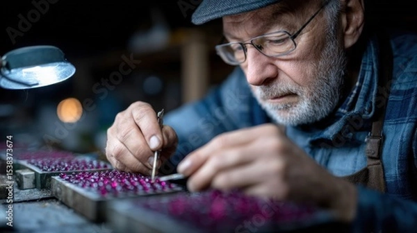 Obraz Senior craftsman focuses intently on creating intricate jewelry in a well-lit workshop. Vibrant gemstones are meticulously arranged as the morning light enhances the creative atmosphere