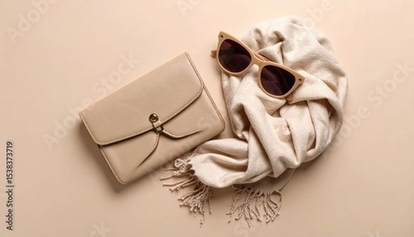 Obraz Fashion accessories including sunglasses, scarf, and clutch in tone-on-tone flatlay, summer minimalist trend scene