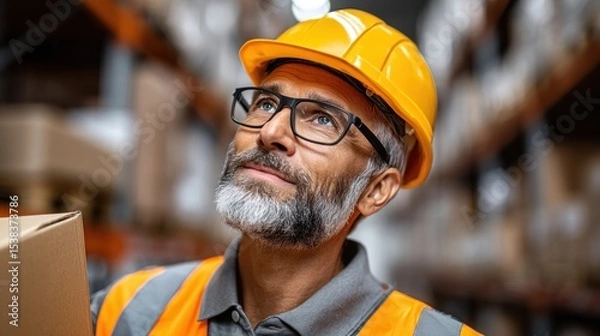 Obraz focused warehouse worker wearing an orange safety helmet and vest examines a cardboard box. environment is filled with shelves of products in a large distribution center