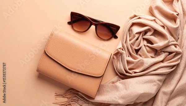 Obraz Tone-on-tone flatlay of fashion accessories with sunglasses, scarf, and clutch, summer trend minimalism
