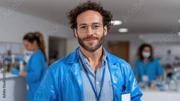 Obraz man in a blue lab coat smiles while holding a clipboard, surrounded by fellow healthcare workers engaged in clinical tasks. environment appears modern and well-lit
