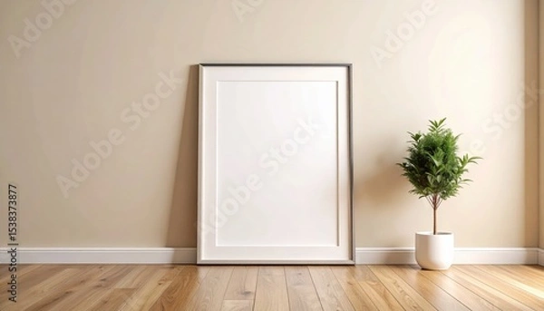 Obraz Empty photo frame leaning against soft beige wall with wooden floor, minimal clean interior mockup scene