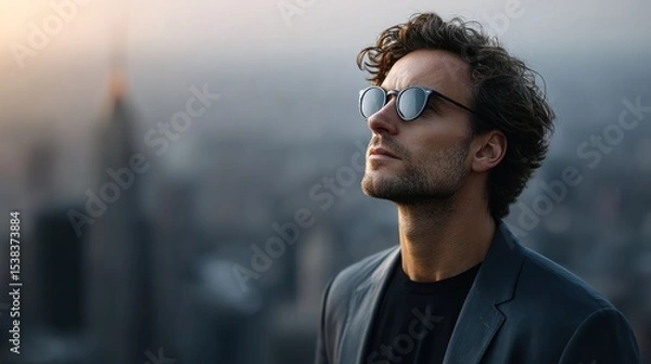 Obraz man stands atop a high building, wearing stylish sunglasses and a tailored jacket, looking up towards the sky as the sun sets behind the city skyline, creating a reflective atmosphere