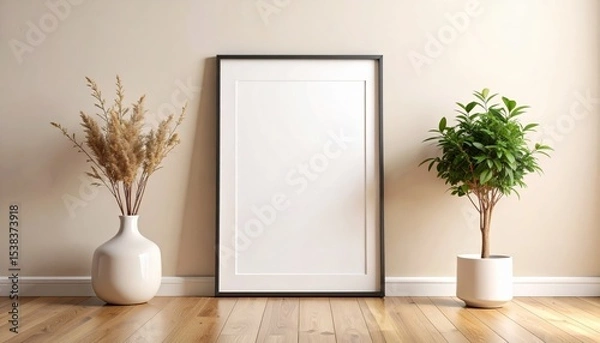 Obraz Empty photo frame leaning against beige wall with wooden floor, clean and minimal interior mockup