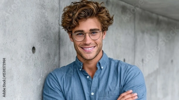 Obraz young man with curly hair and glasses stands proudly with arms crossed, displaying a cheerful smile. He is dressed casually in a blue shirt and poses in front of a sleek concrete wall