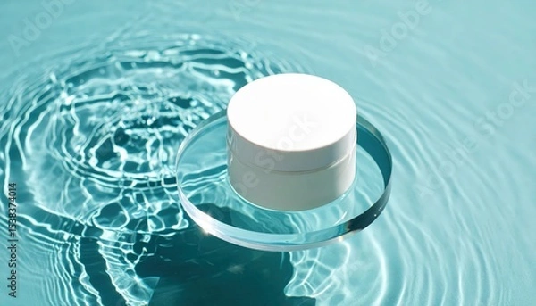 Obraz Minimal cosmetic jar on clear glass slab above water ripples, serene spa-inspired beauty concept
