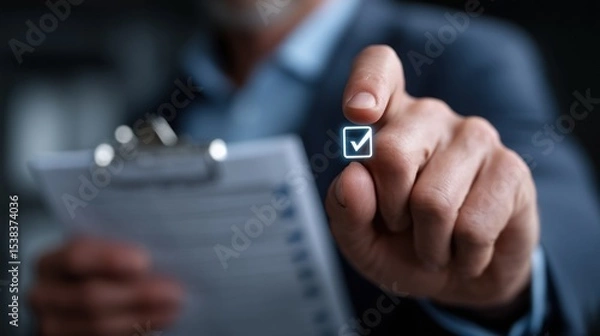 Obraz businessman in a suit is standing in a modern office while checking off tasks on a clipboard. He focuses on confirming completed items by tapping a digital checkbox with his finger