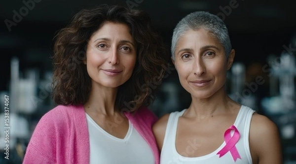 Obraz Two women stand together, showcasing their bond and strength. One has curly hair while the other has a shaved head