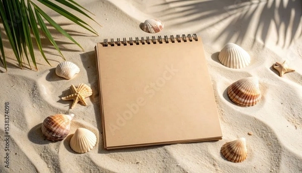 Obraz Blank kraft paper notebook on sand with seashells and palm leaf shadow, coastal stationery mockup