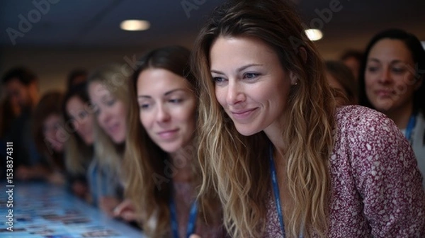 Obraz lively interaction among women showcasing smiles and excitement while they engage with each other in a warmly lit indoor setting. Numerous faces can be seen enjoying the moment