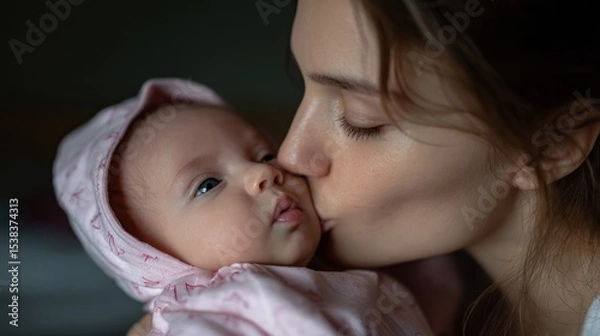 Obraz mother lovingly kisses her newborn in a warm, intimate atmosphere. Soft lighting highlights the bond between them, showcasing tender moments of affection and connection