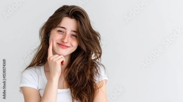 Obraz young woman displays a playful smile while thoughtfully resting her chin on her finger. Her long, wavy hair frames her face, set against a bright, neutral background