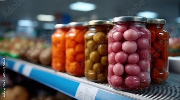 Obraz Rows of jars filled with vibrant pickled vegetables line a grocery store shelf, showcasing bold pink, green, and orange hues under bright lights during daytime shopping hours