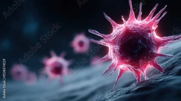 Obraz Bright pink viruses are depicted in a close-up view, navigating a dark, textured environment that highlights their unique features and structure, showcasing their intricate design and movement