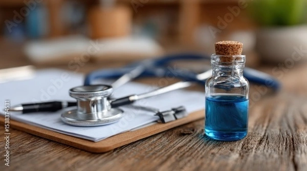 Obraz clear glass vial containing a blue liquid sits next to a stethoscope and a clipboard with notes on a rustic wooden table in a healthcare environment