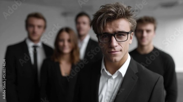 Obraz group of young individuals dressed in formal clothing stands in an office setting