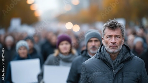 Obraz group of people walks together in a city, holding signs and displaying serious expressions. This protest takes place in the afternoon, surrounded by tall buildings and autumn foliage