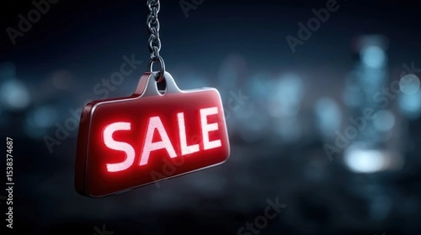 Obraz red sign with the word sale illuminates against a nighttime urban backdrop. vibrant light attracts attention and suggests discounts for nearby shoppers
