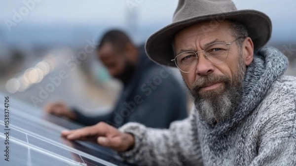 Obraz Two men are working together to install solar panels on a rooftop. One man, with glasses and a beard, carefully touches the panel, while another works in the background