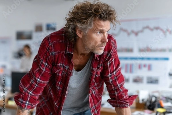 Obraz man with curly hair dresses in a plaid shirt and t-shirt, focuses intently on financial charts on the wall while working in a contemporary office filled with colleagues and computers