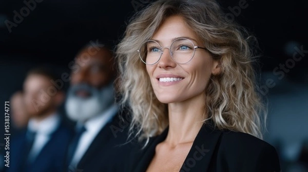 Obraz woman with curly hair and glasses smiles while listening to a speaker in a well-lit auditorium. She is sitting among an audience, engaged in the discussion and enjoying the atmosphere