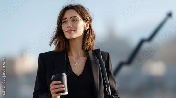 Obraz Woman with glasses holds coffee cup and smiles in a professional outfit, standing outdoors in city with a backdrop of an upward trend graph reflecting optimism and success