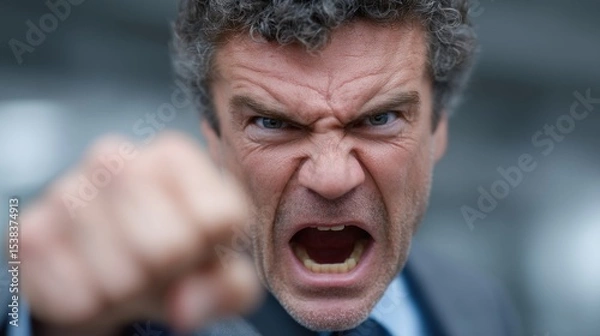 Obraz man displays intense anger, clenching his fist while shouting. His furious expression and body language convey strong emotions, set against a blurred urban backdrop during daylight hours