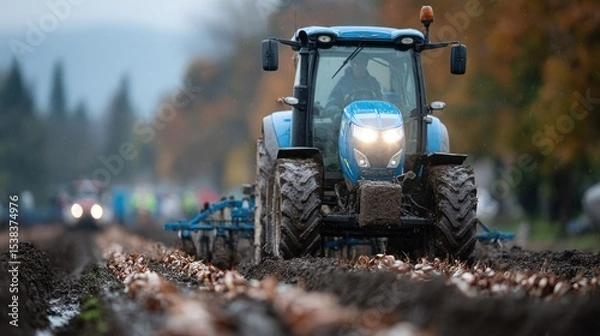 Obraz blue tractor works on plowing a muddy field surrounded by autumn trees. Farmers can be seen in the background tending to their crops as the day reaches its end