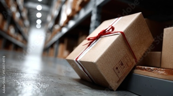 Obraz Brown package tied with a red ribbon is placed on the floor of a warehouse. Shelves lined with neatly stacked boxes create a busy storage environment. Bright lights enhance visibility