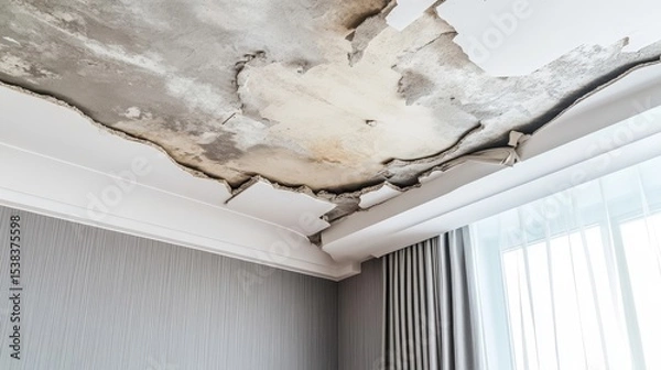 Fototapeta Damaged gypsum board ceiling with large broken sections and fallen debris showing failed interior construction and poor structural integrity in residential home renovation failure