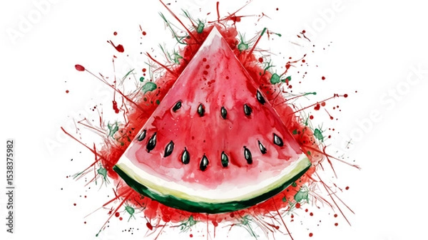 Fototapeta Watercolor painting of a watermelon slice with paint splatter effect on transparent background