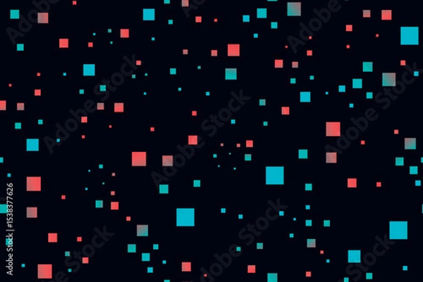 Obraz Seamless vector pattern with glowing pixel squares in red and cyan on a dark background. Futuristic, matrix-inspired print networks, digital flow, cyber data, wrapping paper