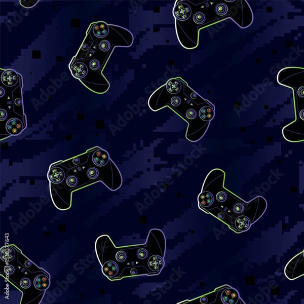 Obraz Gamepad Seamless vector pattern with neon-outlined game controllers and pixel squares dark digital background. Gaming print for fashion, textile, wrapping paper.