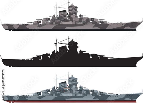 Obraz bismarck, battleship, vector, wwii, warship, side view, german navy, military ship, flat colors, bold lines, naval vessel, clean design, sea, ocean, blue background

