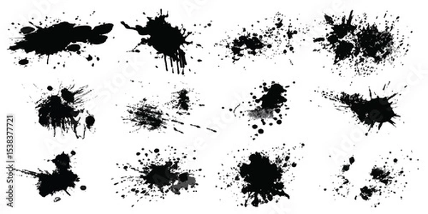 Fototapeta ink blots and splats. graphics of black spots of various shapes and sizes on an isolated background